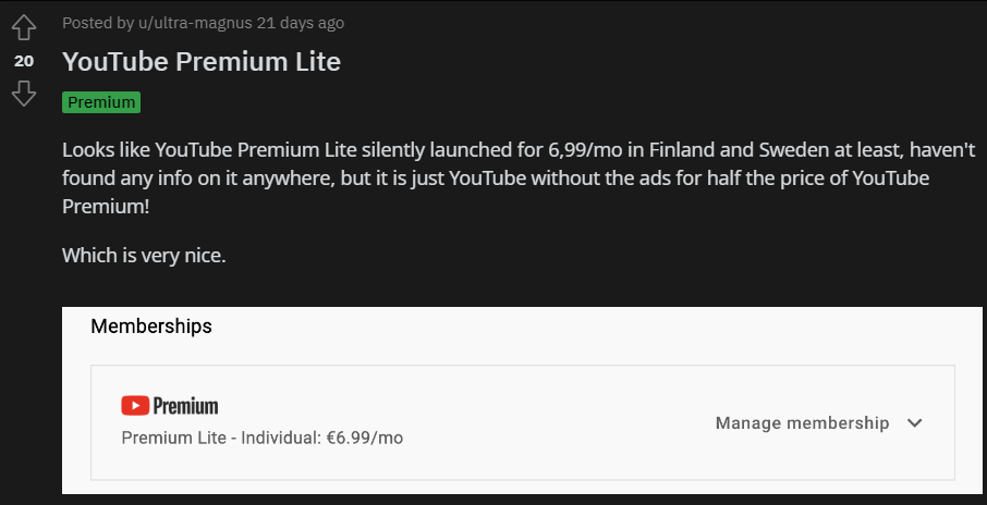 YouTube Premium Lite now Trialing in Europe