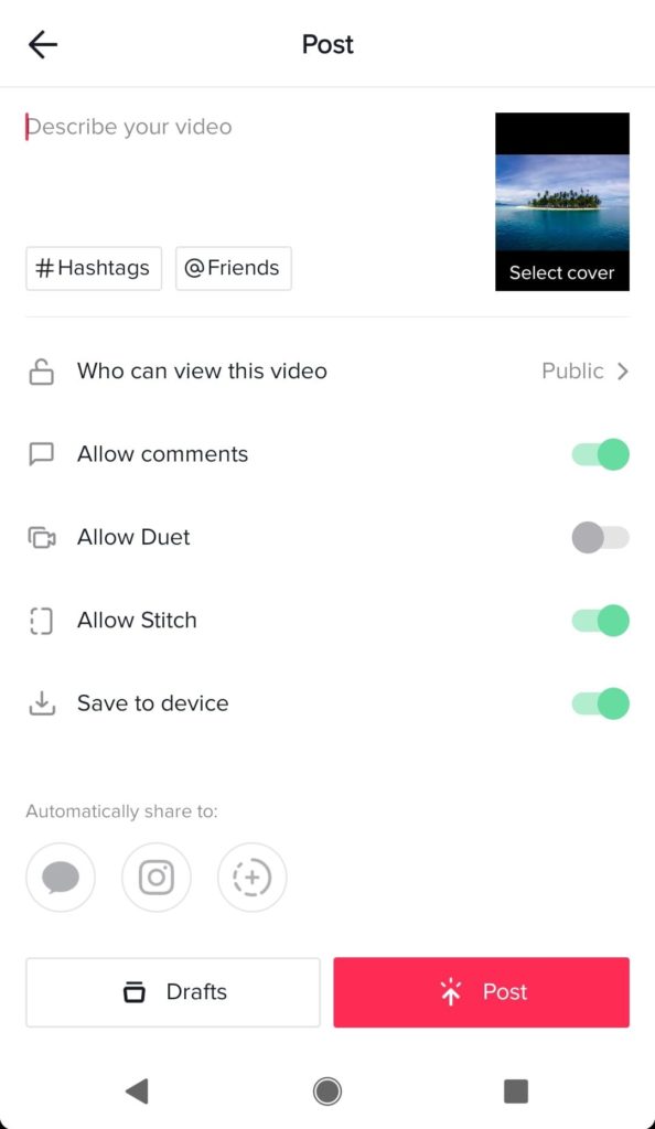 post and draft icon on tiktok image: how to duet on tiktok with a saved video