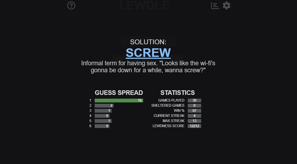 Lewdle’s answer on 17 March 2022 is ‘SCREW’