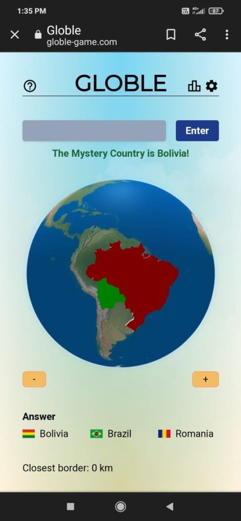 Globle Answer of March 26, 2022 is ‘BOLIVIA’