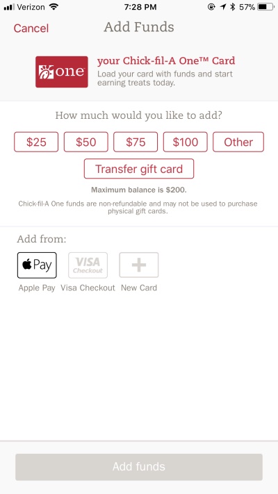 Does Chick-fil-A take Apple Pay on its app?