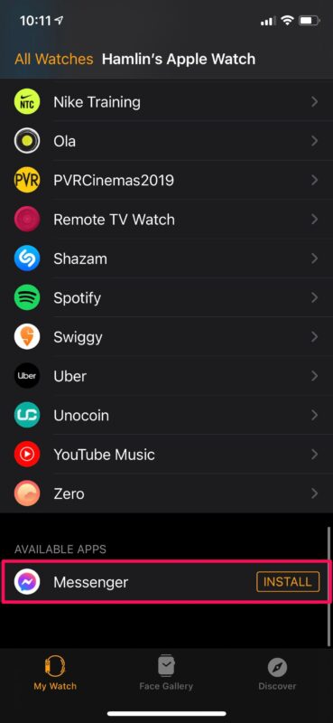 Re-install hidden app on Apple Watch
