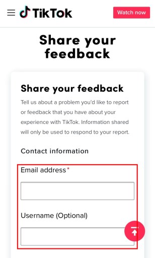 TikTok feedback form;TikTok customer service
