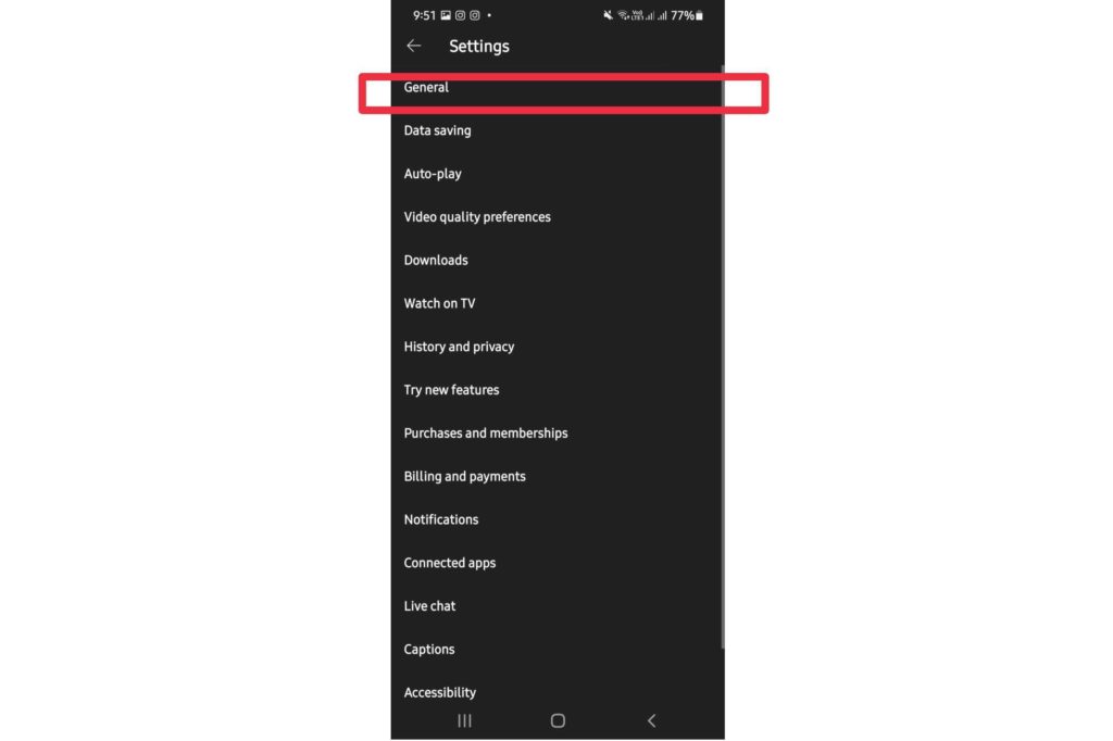 General section in settings; how to unblock YouTube