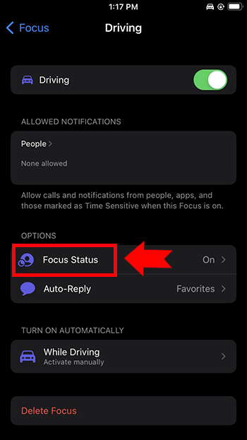 Share focus status on iPhone