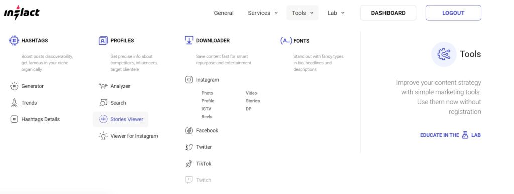 Inflact tool page; How to use Inflact for Instagram