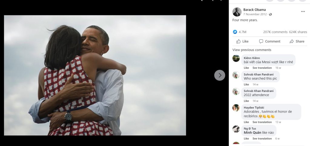 Barack Obama hugging Michelle Obama ; most liked facebook post