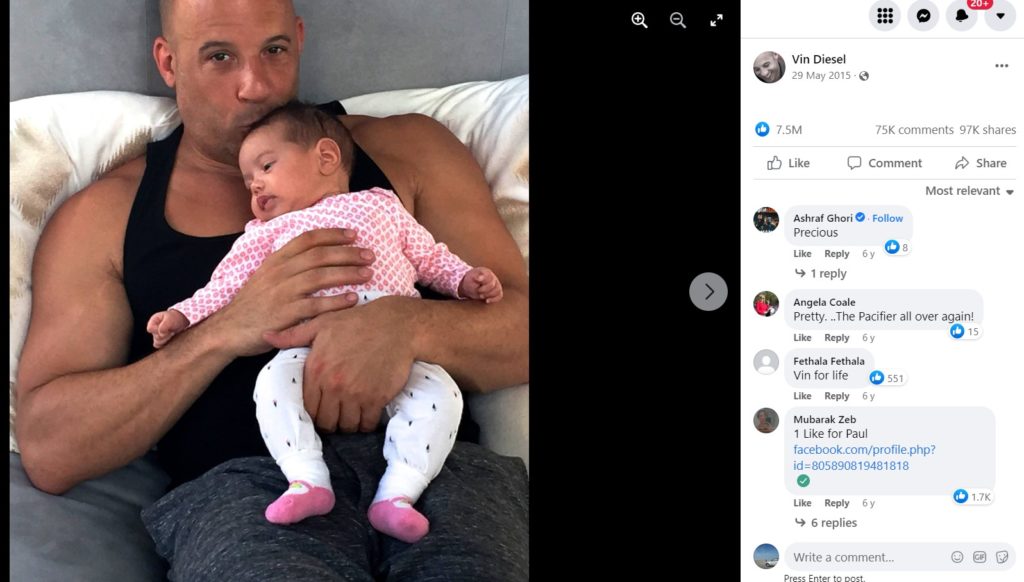 Vin diesel holding baby ; most liked facebook post
