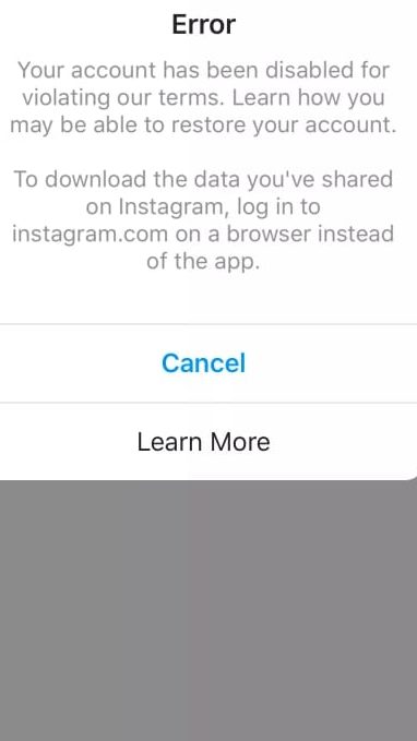 account disabled message on Instagram ; 'User not found' Instagram error 