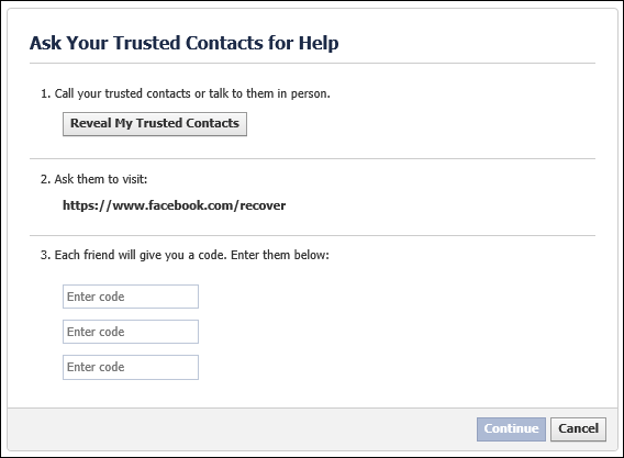 How do I recover my Facebook account using trusted contacts?