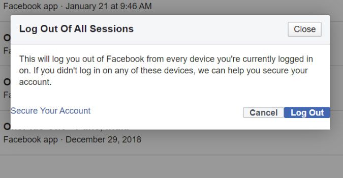 Select Log out of all sessions - Facebook not logging out.