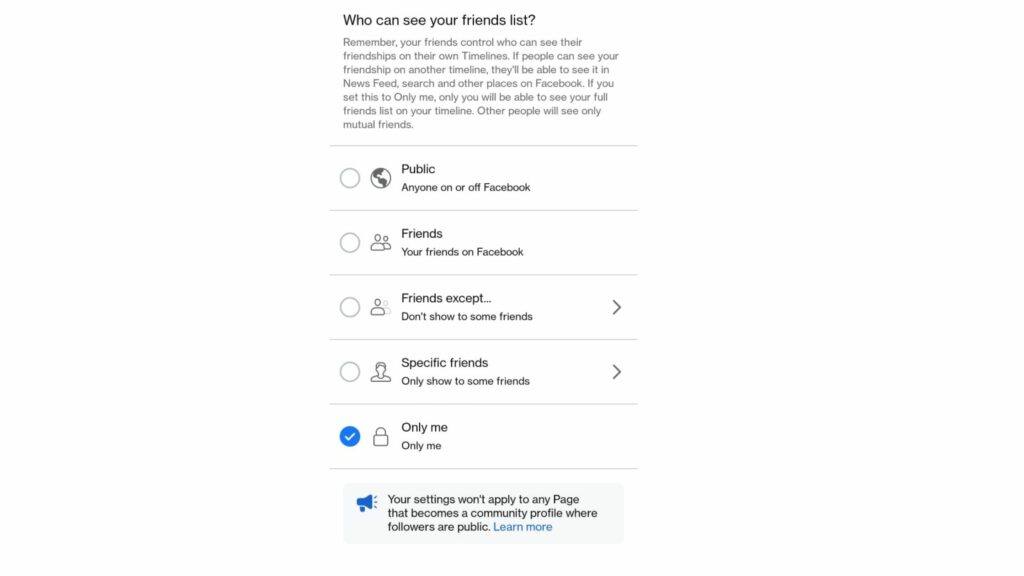 select only me to make your facebook friend list private