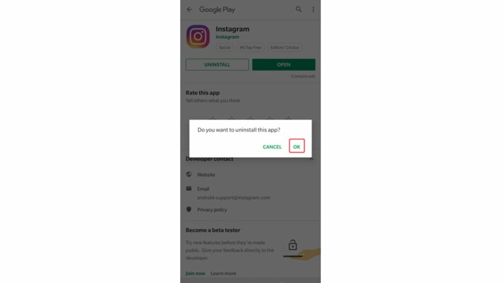 Uninstall Instagram - Can't share posts to story Instagram