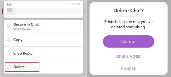 click on delete and confirm your action - how to delete snap you have sent
