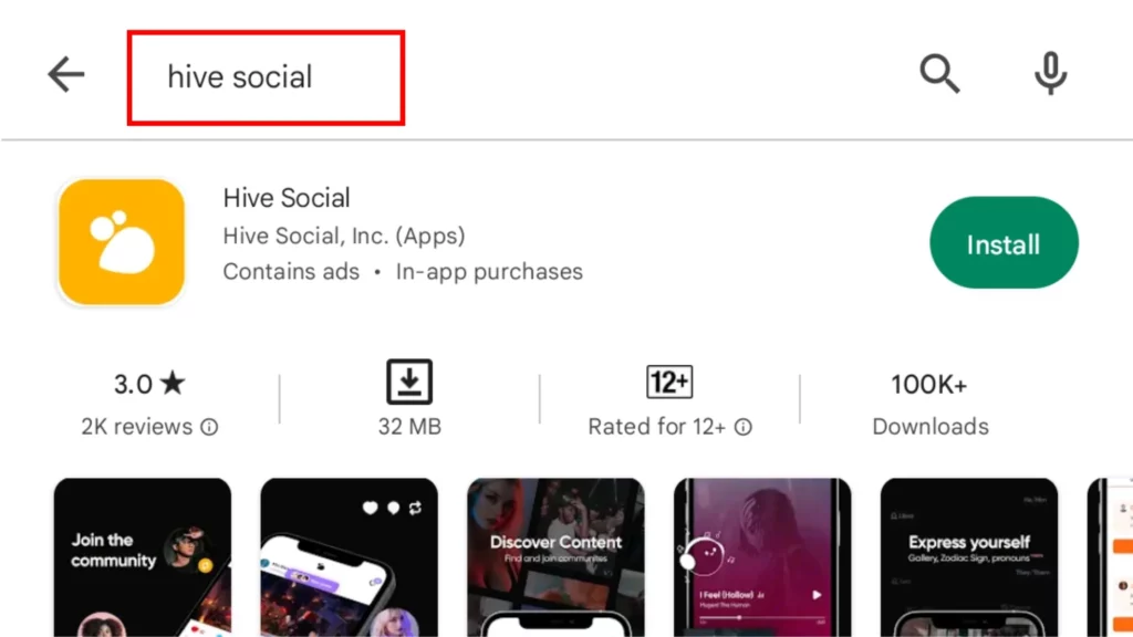Setup Hive Social Profile : Search bar Google Play