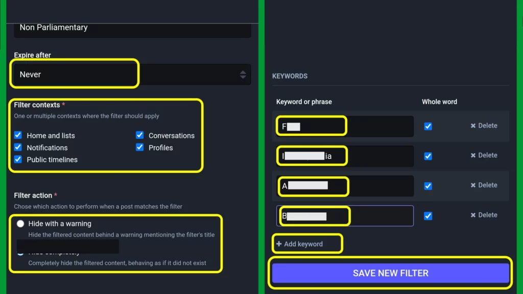 Steps 7 to 10: How to Filter Posts on Mastodon Server