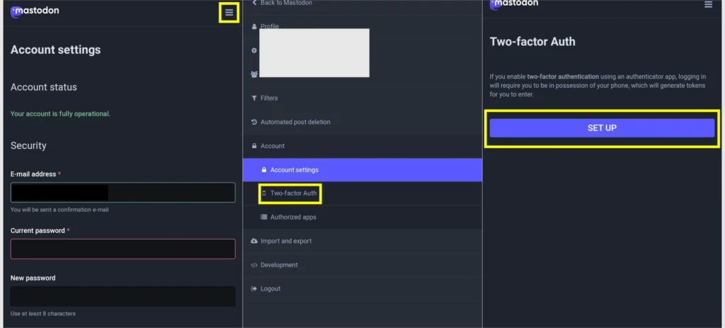 Steps 4 to 6 : How to Enable Two Factor Authentication on Mastodon