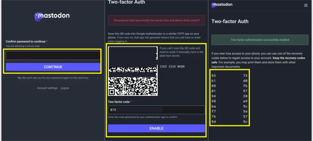 Steps 7 to 13 : How to Enable Two Factor Authentication on Mastodon