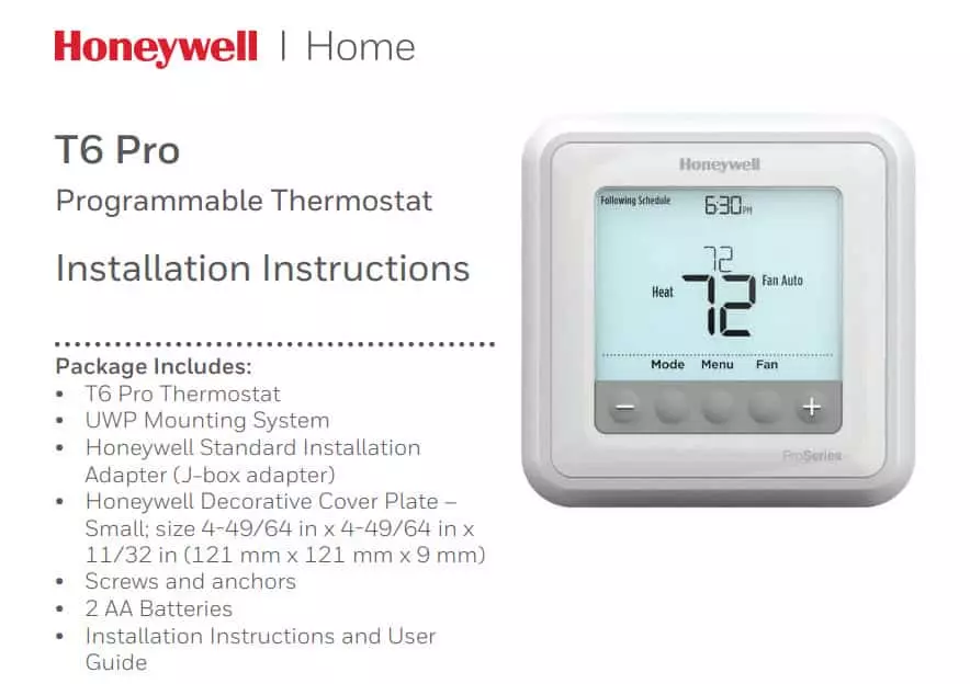 Honeywell Home Pro Series Manual-T6 Pro Thermostat