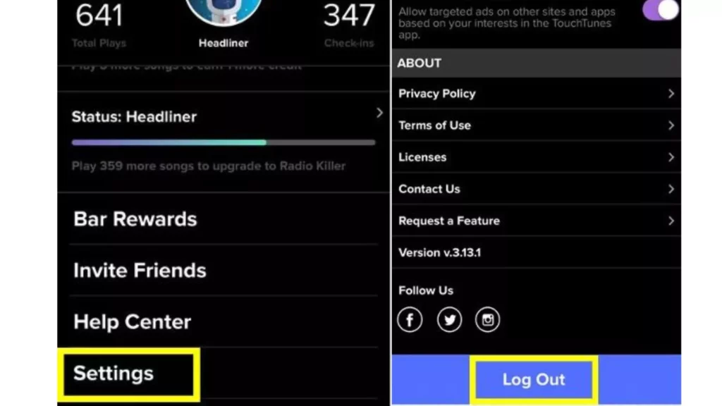 How to log out in TouchTunes app?