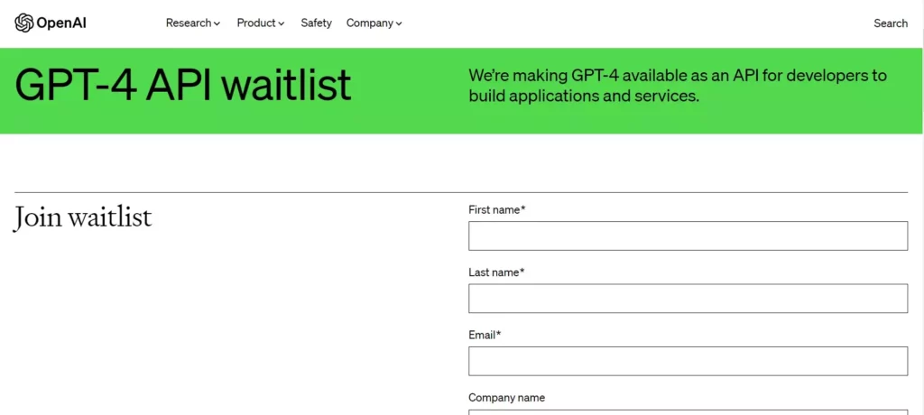 ChatGPT 4 API waitlist form; ChatGPT 4 API waitlist failed
