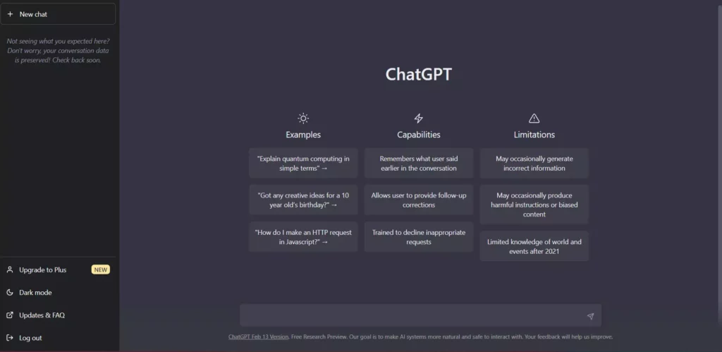 Chat window of ChatGPT;  ChatGPT Plus still have the limit of one hour request.