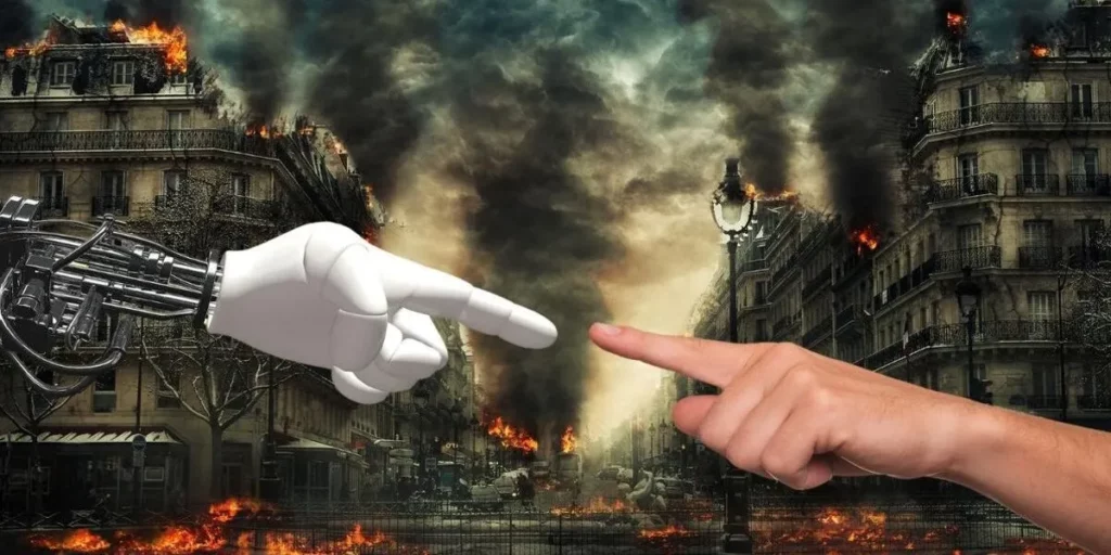 Two hands one of a robot and one of a human touching each other while in background is destruction;  What is ChaosGPT