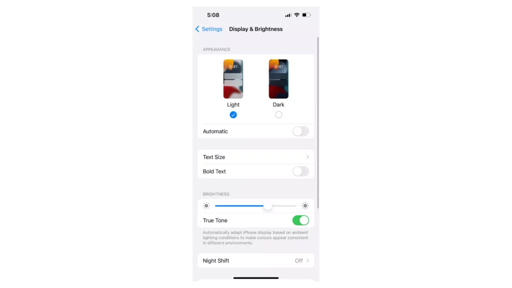 Display and brightness option in settings of iPhone; how to turn off Sleep Mode on iPhone