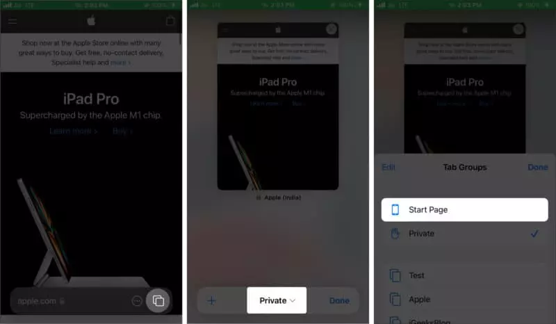 Screenshots of steps to disable private browsing on iPhone using Safari