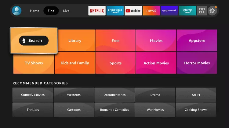 Search option on Firestick homepage; how to install Fox Sports Go on Fire TV