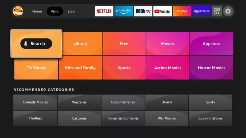 Search option on Firestick homescreen; How to Use a VPN With Your Amazon FireStick TV