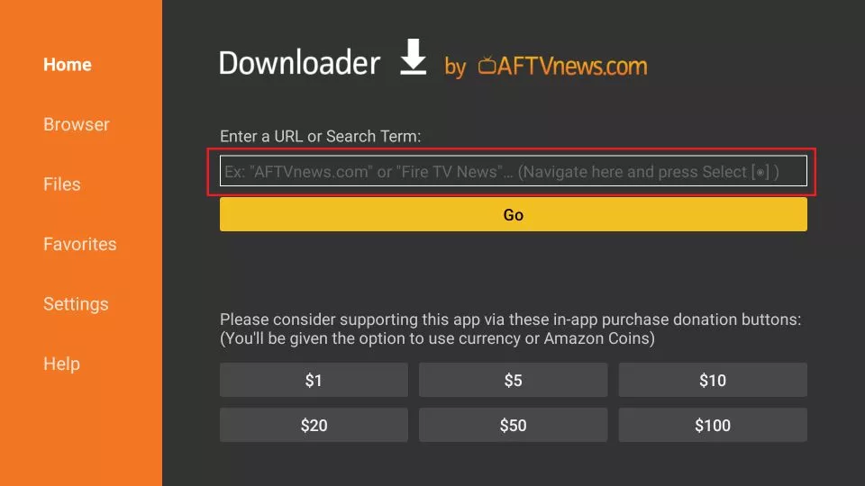 Entering URL in the downloader space on homescreen; How to Install Live Net TV on FireStick