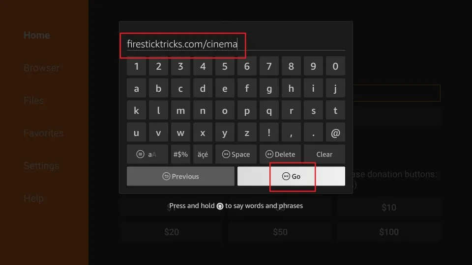 URL on downloader homescreen on firestick; Cinema on Firestick
