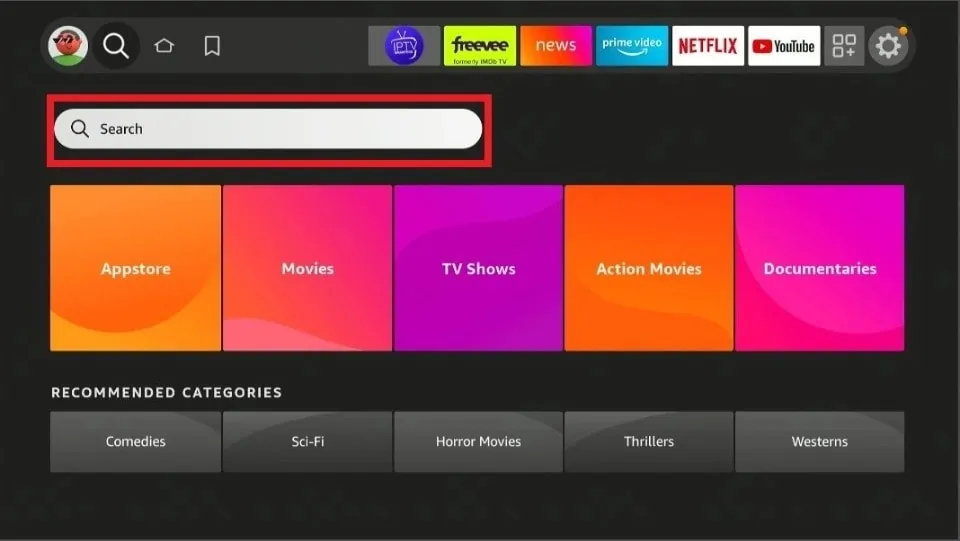 Search bar in FIND section of firestick;  How to Install Xfinity Stream on Firestick
