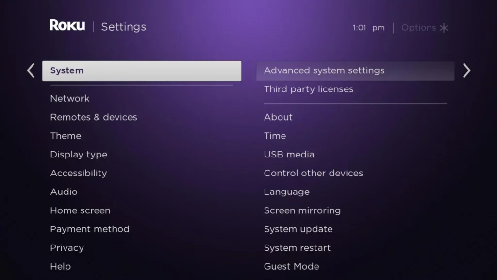 Advance system settings in Roku settings; MovieBox Pro on Roku