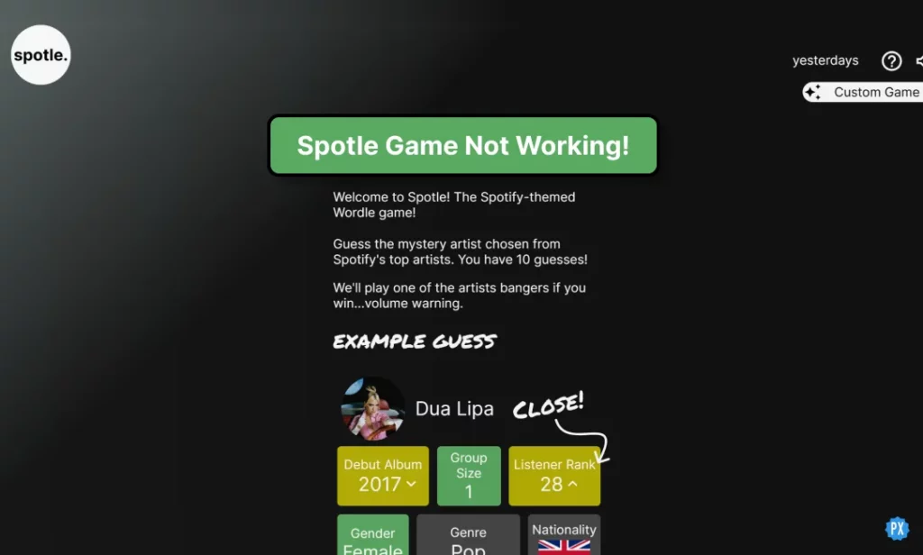 Spotle game not working today