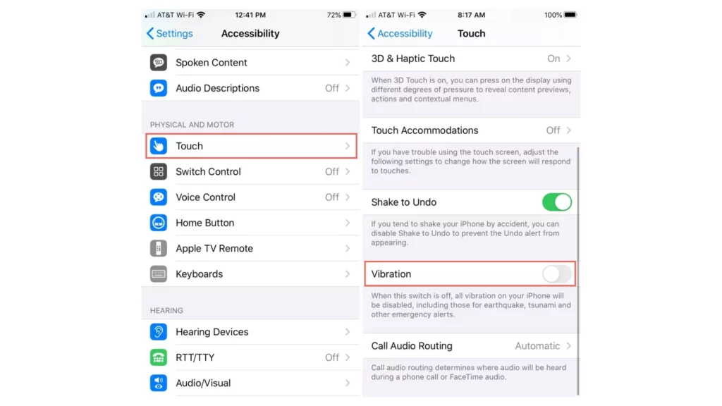 Accesibility and touch settings in ipHONE; How to Fix iPhone Not Vibrating on Silent in iOS 17 in 10 Simple Ways?