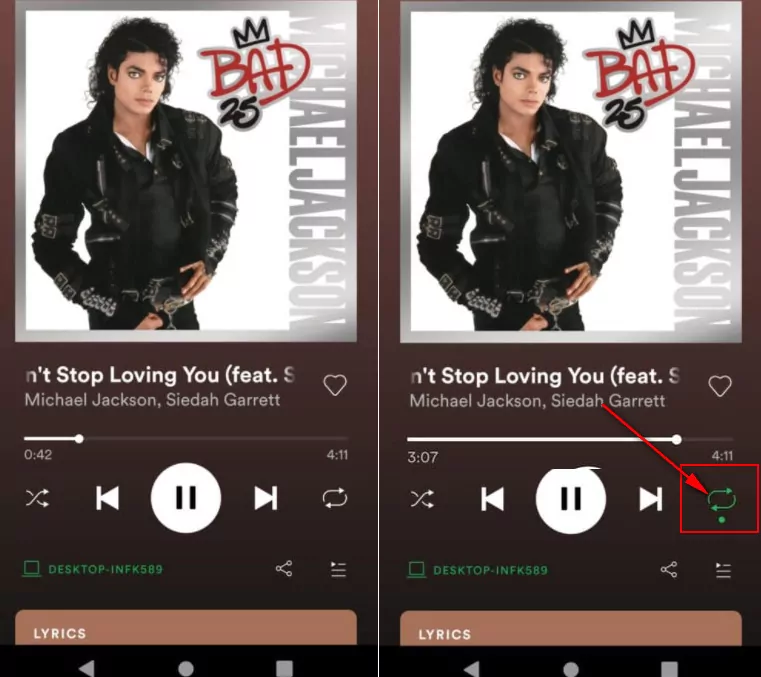 how to loop a song on spotify