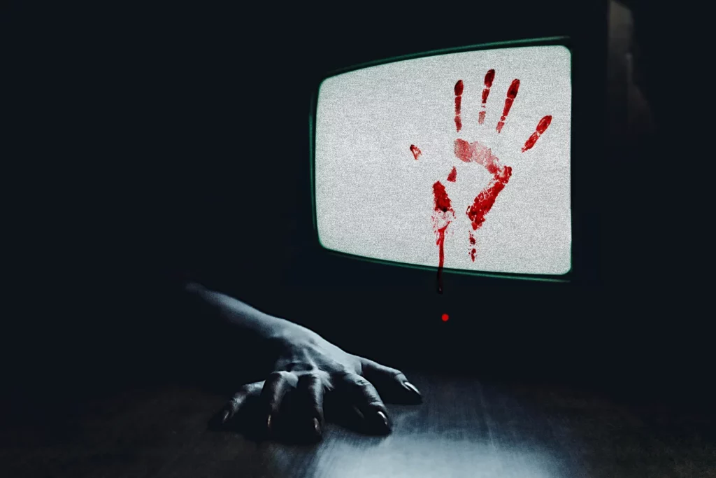a blood hand imprint on a tv and a scary hand; How to Fix Shudder App Not Working in 8 Simple Steps?