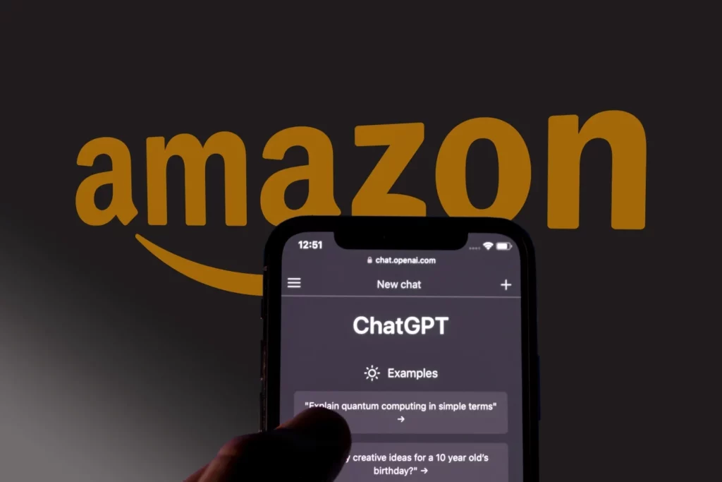ChatGPT on a mobile with Amazon logo in the background; Olympus AI Vs ChatGPT: An In-Depth Exploration of Language Models