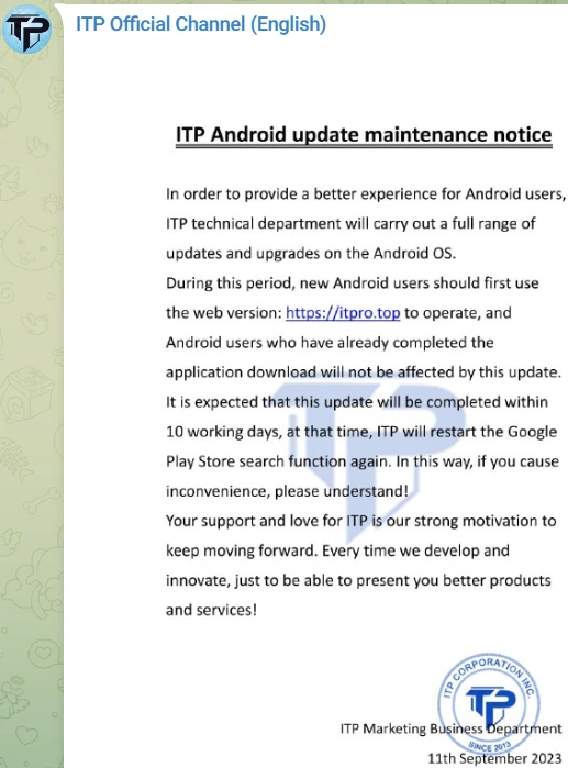 Notice; ITP App Not Working