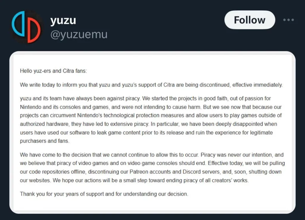 Yuzu Announcement; Yuzu Fork GitHub Repository Shutdown